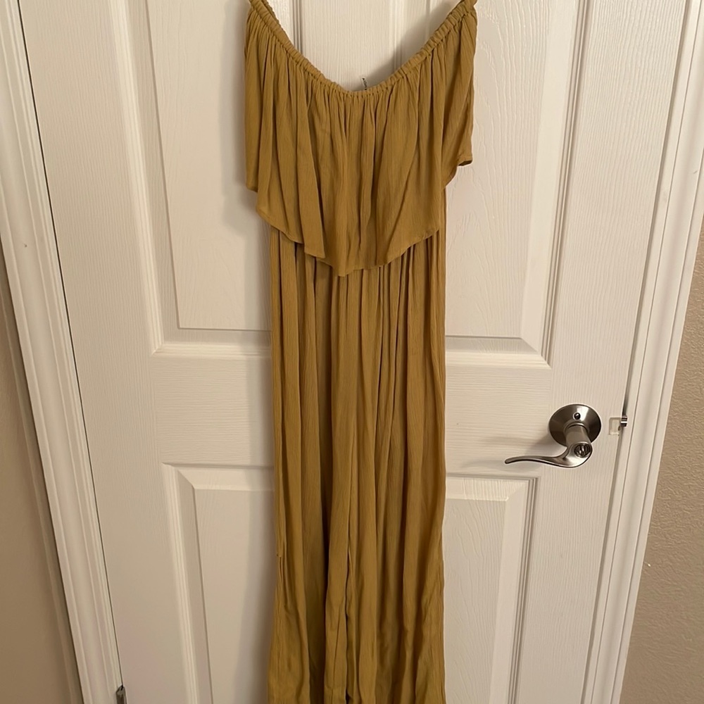 Mustard colored strapless romper